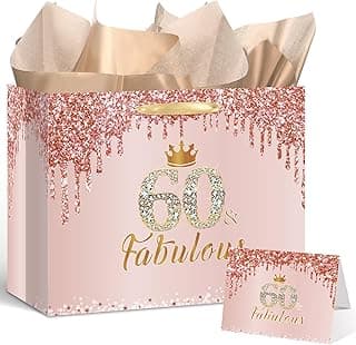 Yoirrat Rose Gold 60th Birthday Gift Bag for Women 60 & Fabulous Large Pink Happy 60th Birthday Gift Bag with Wrapping Paper and Card for 60th Bday Decorations Party Supplies