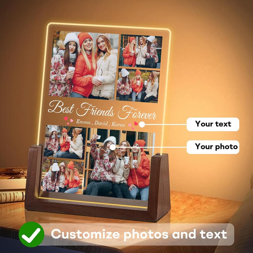 Ship Next Day, Customized Long Distance Friendship Gifts, Custom Friend Night Light, Christmas Anniversary Birthday Gifts Best Friend Birthday Gifts for Women, Custom Best Friend Photo Frame B0DP9GVTRX