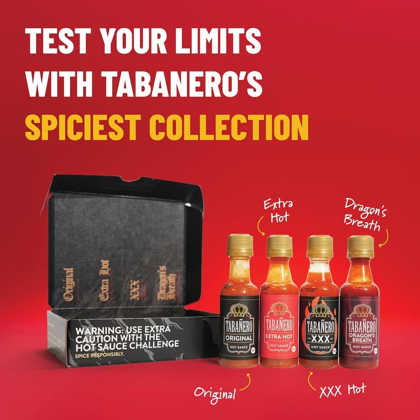 1.7 oz Mini Glass Bottles, Original, Extra Hot, XXX and Dragon's Breath, Gluten Free, All Natural, Low Sodium, Vegan, Kosher Tabañero Challenge Box, Hot Sauce Gift Set, 4-Pack B0CJYJ7KW9