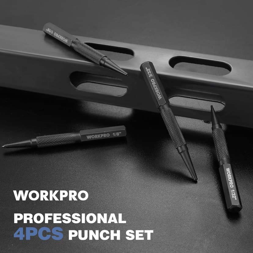 WORKPRO 4-Piece Nail Punch and Center Punch Set, Hardened Cr-V Steel with Knurled Grip,1/32", 1/16", 3/32" Nail Setter & 1/32" Center Punch Tool