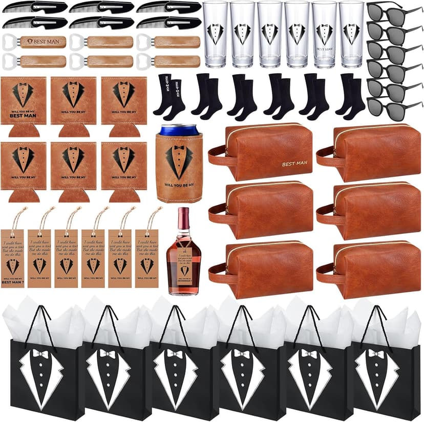 60Pcs Groomsmen Gifts Groomsmen Proposal Box with Shot Glasses Socks Sunglasses PU Leather Toiletry Bag Bottle Opener Can Cooler Groomsman Gifts for Wedding Groomsmen Best Man Gift (60, Brown)
