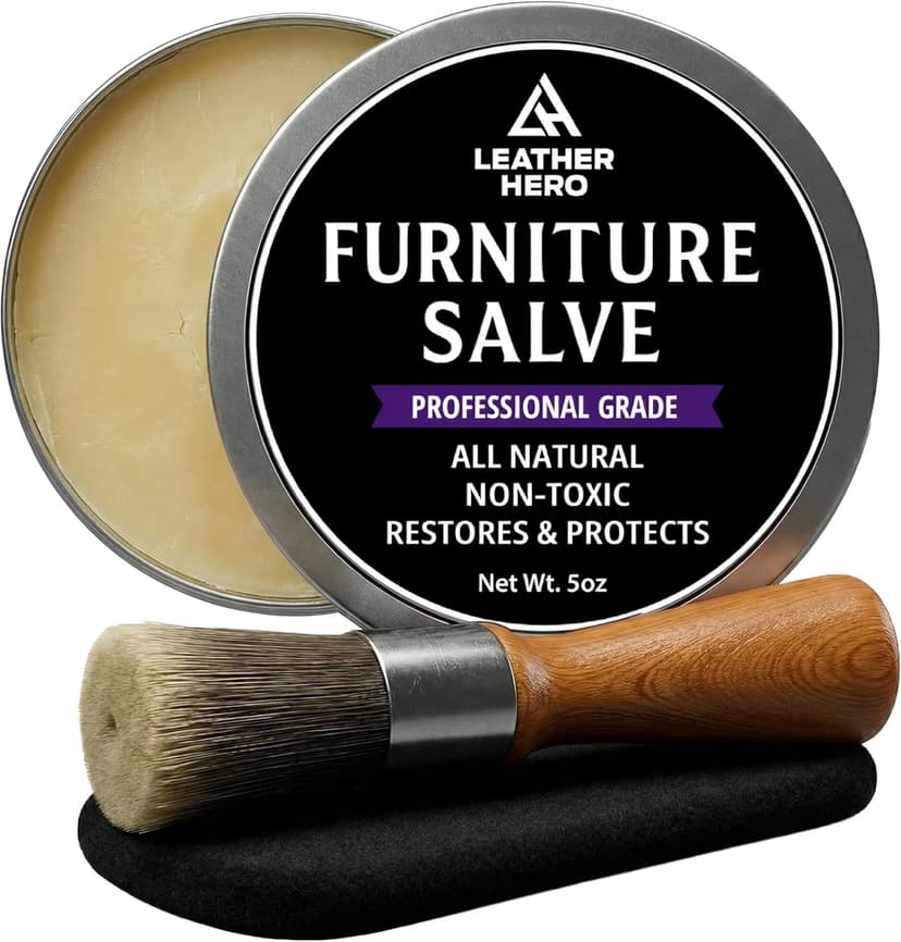 3-in-1 Furniture Salve for Leather & Wood – Polisher, Conditioner, & Restorer for Couches and Furniture- Leather Repair Salve with Brush & Buffing Pad- 5oz