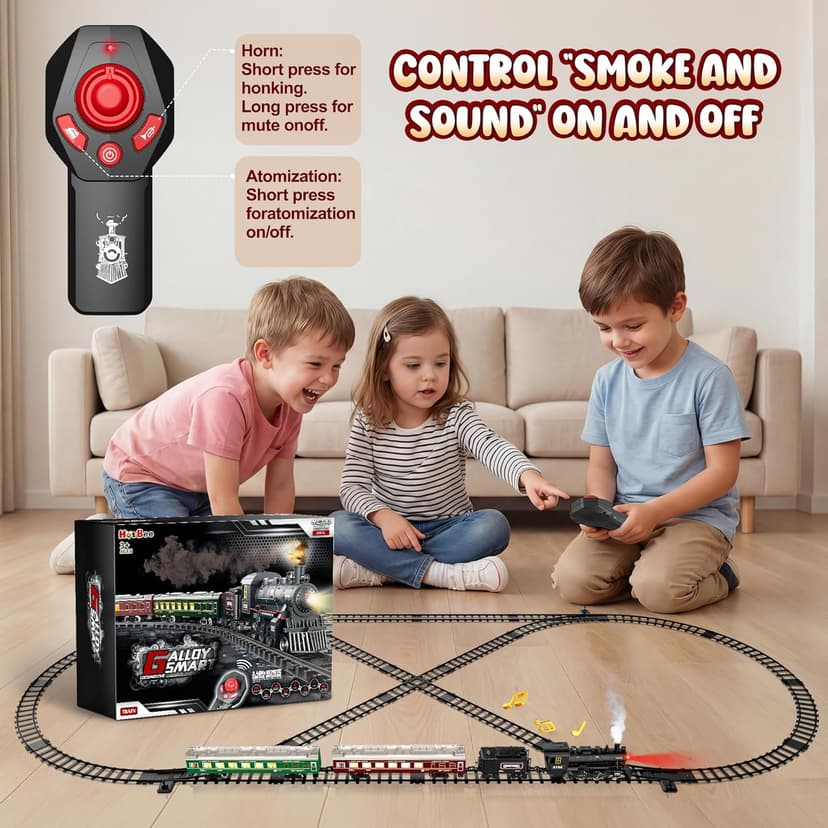 Hot Bee Train Set, Remote Control Train Toys with Luxury Track & Glowing Passenger Carriages, Metal Christmas Tree Train with Smoke, Light and Sound, Toy Train Set for 3 4 5 6 7+ Years Old Boys Gifts