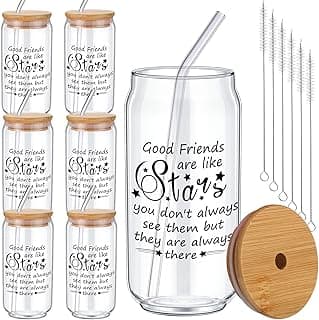 6 Set Friendship Gifts for Women,16 oz Galentines Day Glass Cup Friendship Gift Ideas Best Friend Birthday Gift Friendsgiving Wine Glasses Bulk Ice Coffee Cup for Friend Group(Friends Are Like Stars)