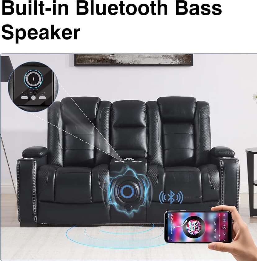 THSUPER Black Leather Power Recliner Sofa Loveseat Sets with Arm Storage and Power Headrest, Leather Living Room Reclining Sofa and Loveseat Set with Cup Holders and Bluetooth Speaker. | Breathable material, LED ambient light, Reading light, Hidden outlet, USB and Type-C port