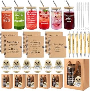 42 Pcs/6 Sets Employee Appreciation Gifts Bulk - Includes 16oz Glass Cups with Bamboo Lid, Positive Crochet, Inspirational Notebooks with Pens, Kraft Paper Gift Bags & Straw - Thank You Gifts for Coworkers, Teachers, Staff & Team B0G5MPS7K6