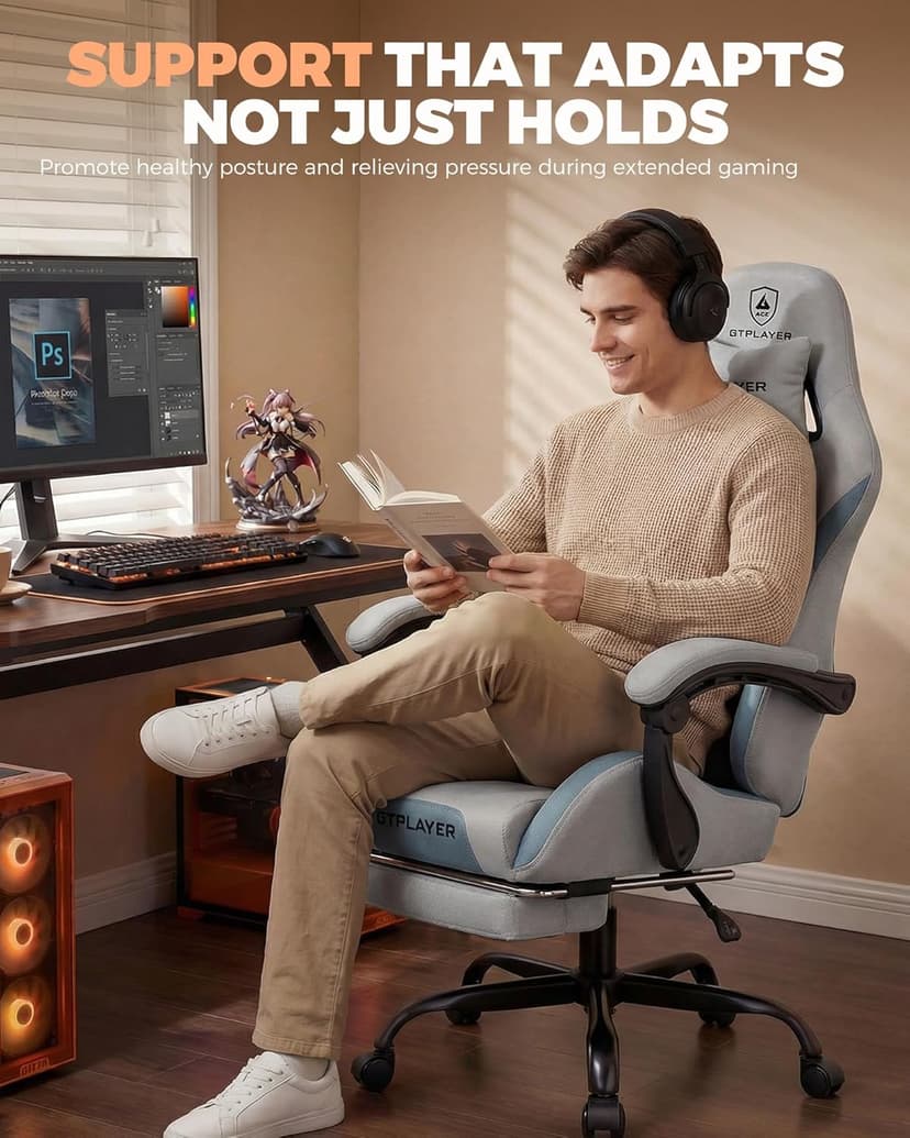 GTPLAYER Gaming Chair with Foot Rest & Pocket Spring Cushion, Ergonomic High Back Computer Desk Chair with Headrest & Lumbar Support for Back Pain Relief, Breathable Fabric, Mist-Blue