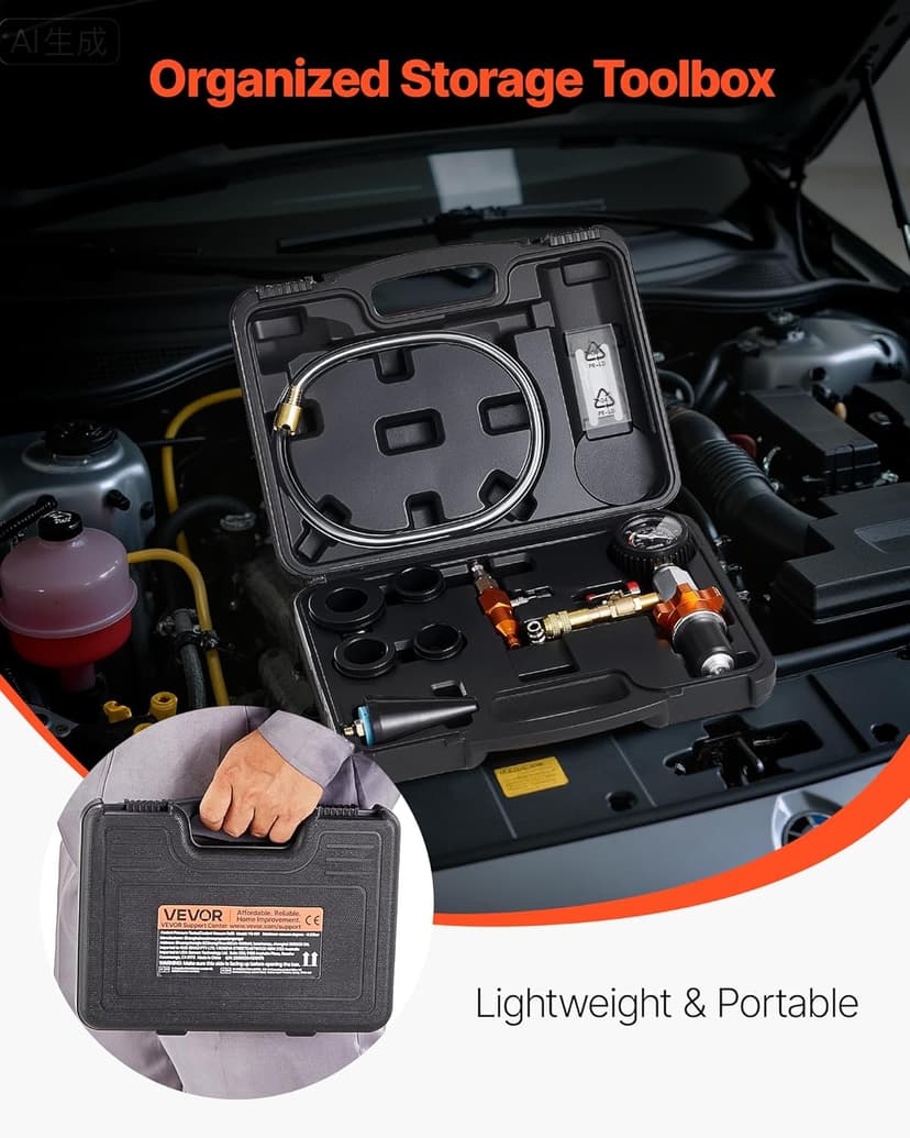 VEVOR Radiator Vacuum Refill Kit, Automotives Cooling System Vacuum & Purge Fill Tool with Gauge, Portable Radiator Coolant Filling Kit with Toolbox, Universal Fit for Most Cars Vans SUVs and Trucks