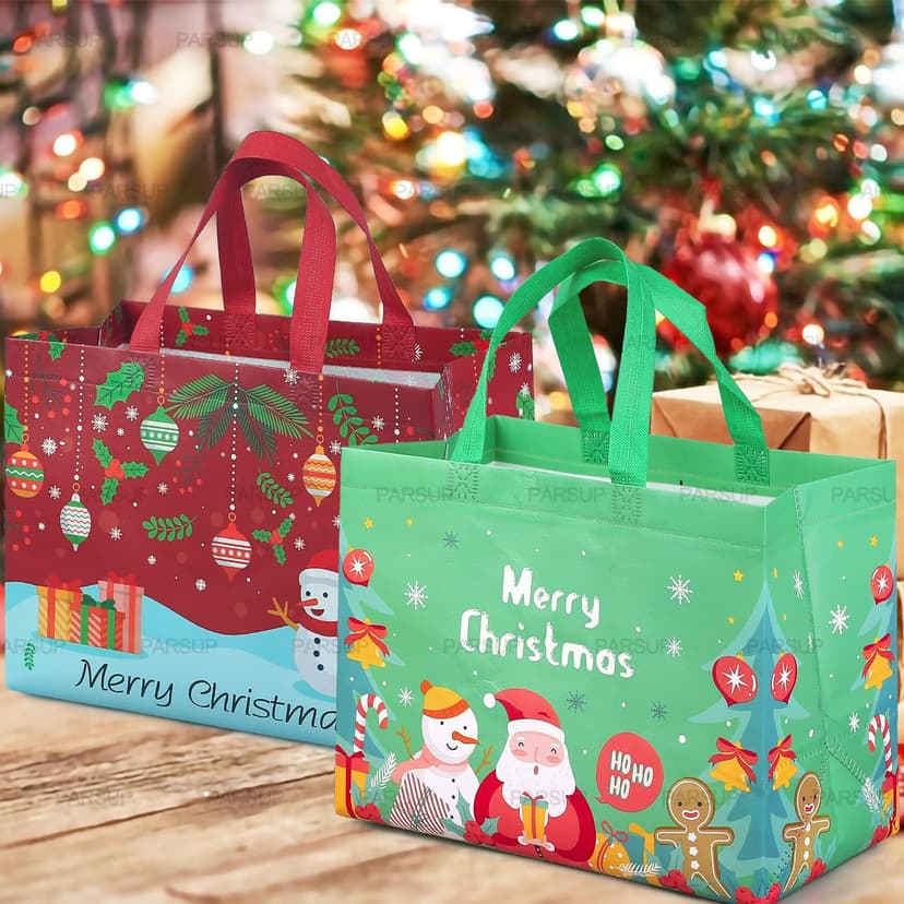 PARSUP 8PCS Christmas Gift Bags, Non-Woven Christmas Bags with Handles, Treat Tote for Gifts Wrapping Shopping, Xmas Party Supplies