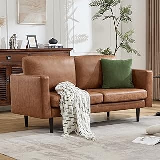 Kingfun 65" Loveseat Sofa, Faux Leather Love Seat Couch, Mid Century Modern Couch with Solid Wooden Frame for Living Room & Bedroom in Small Spaces, Brown