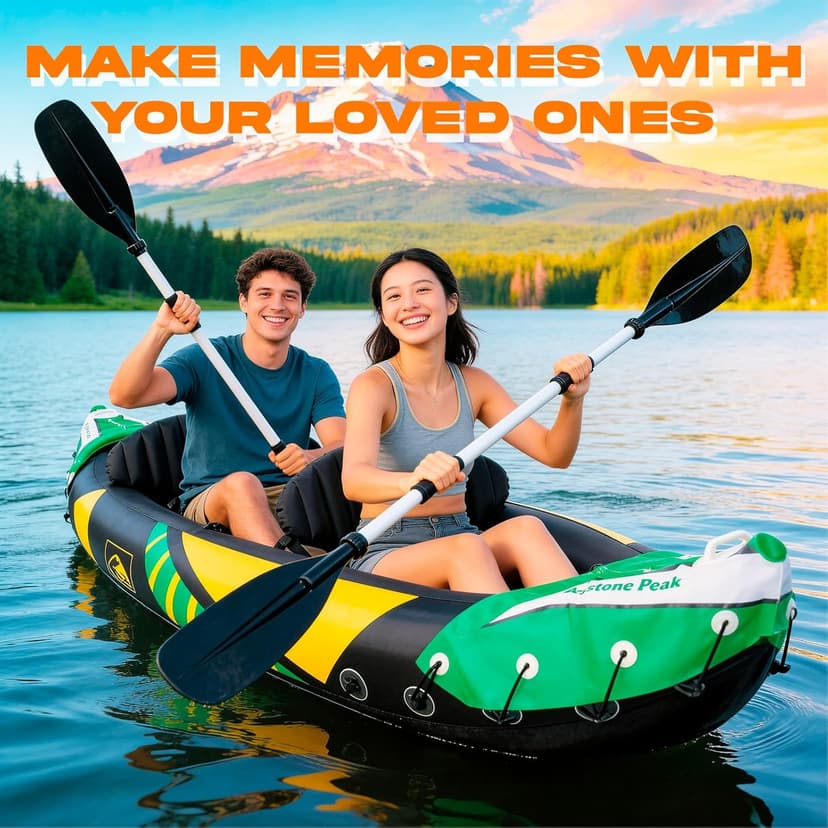 Inflatable Kayak 2 Person with Detachable Sun Canopy – Heavy-Duty Tandem Kayak for Adults – Reinforced Paddles, Waterproof Phone Bags, Adjustable Seats, Extra Seat for Dog or Child