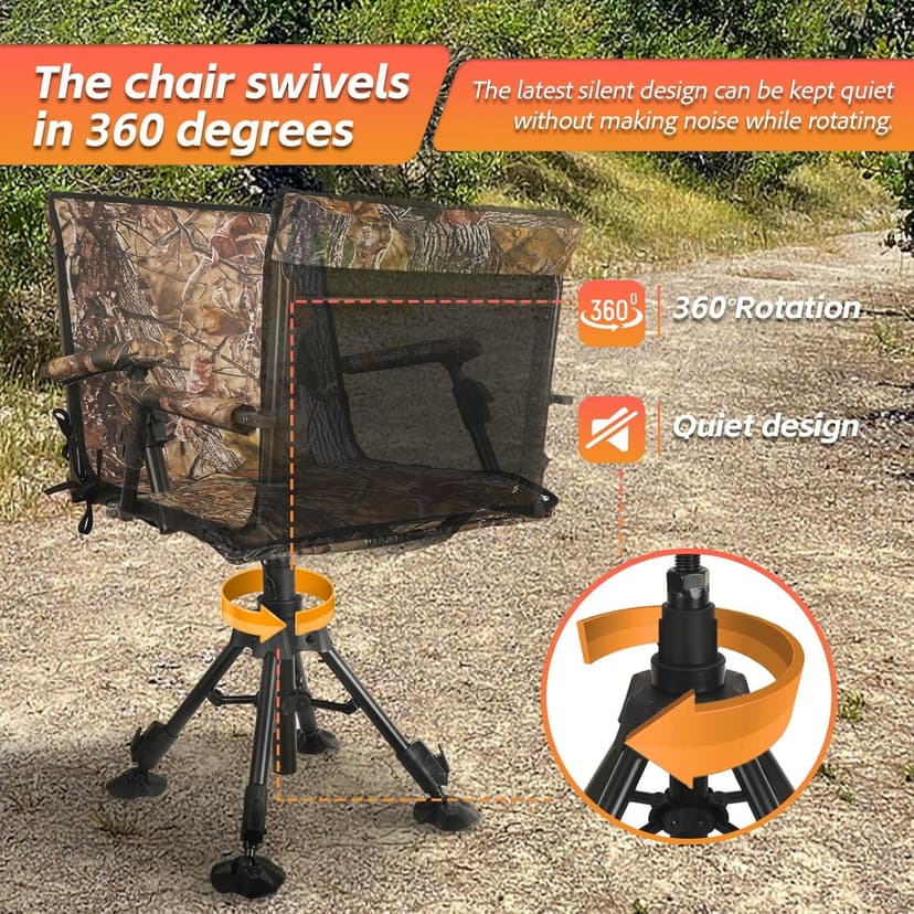 FUNHORUN Hunting Chair with Removable Camouflage Cover, 360 Degree Silent Swivel Hunting Seat with Adjustable 4 Legs Height and Armrests, Tool-Free Foldable Ground Blind Chair, Portable Seat