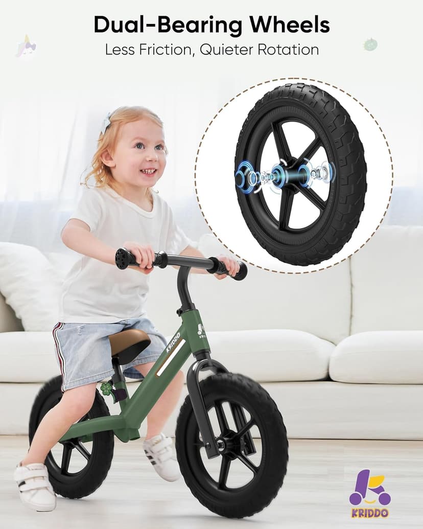 KRIDDO Toddler Balance Bike 2 Year Old, Kids Balance Bike for 2-5 Years Old, Dual Bearing for Smoother Riding, Adorable Plate, Adjustable Seat and Handlebar, Toddler Bike Gifts Age 2-3, Green