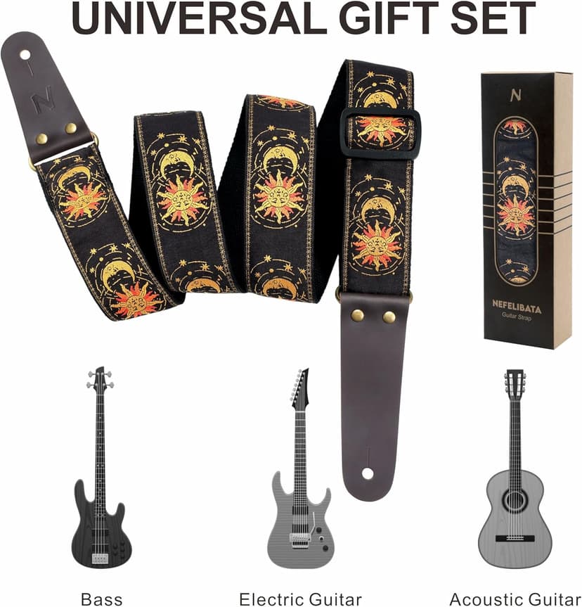 Nefelibata Guitar Strap, Sun & Moon Embroidery Guitar Straps with Head Cowhide Leather Ends for Bass, Electric & Acoustic Guitars, Free Strap Button, 1 Pair Strap Locks and 4 Guitar Picks