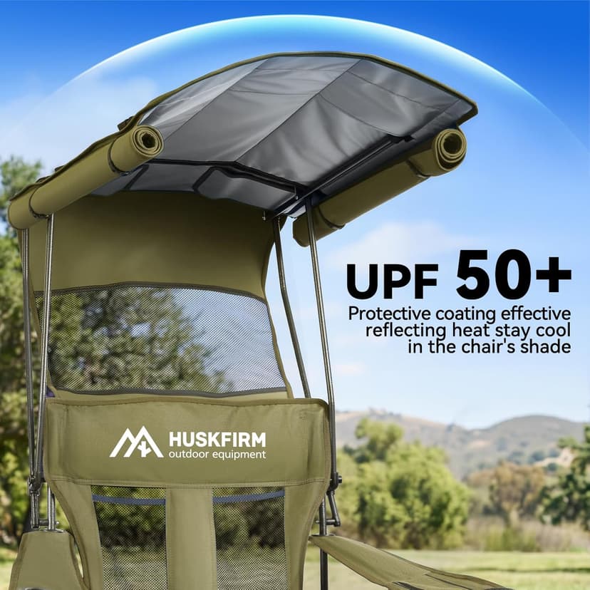 Huskfirm Camping Chair with Canopy Shade - Folding Beach Chair with UPF 50+ Sun Shade, Cup Holder, Side Pocket, Portable Sports Chair for Adults Support 330 LBS, Fishing Camp Outdoor Lawn Chair Green