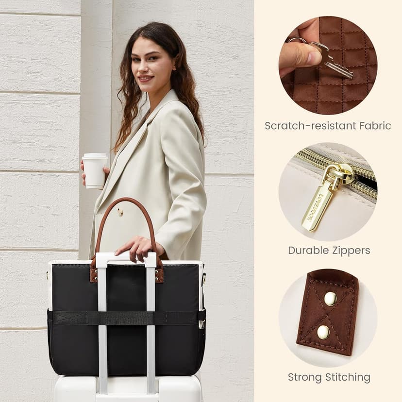 LOVEVOOK Teacher Tote Bag for Women Work, Laptop Bag With Large Cup Holder, Nurse Bags Professional Briefcase Business Computer Purses Bible Handbag Gifts, Black-Beige-Brown, 15.6 Inch B0DTDWKCCF