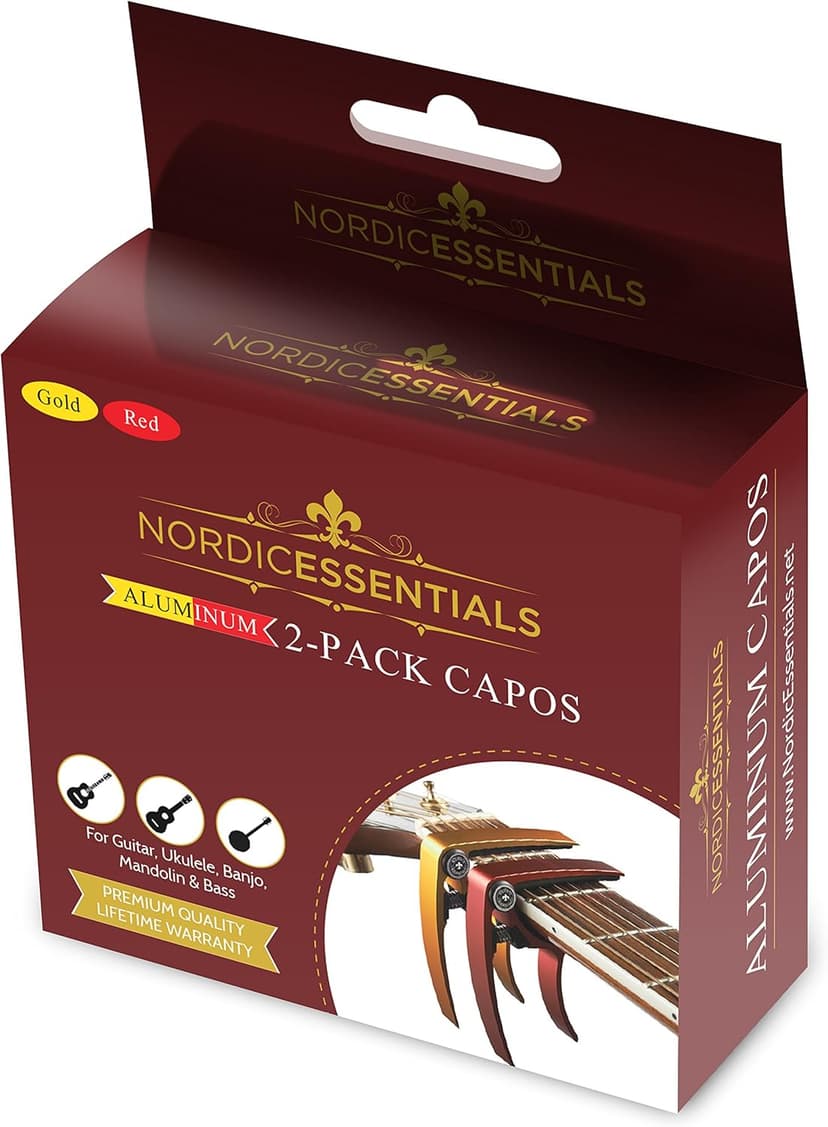 Guitar Capo (2 Pack) for Acoustic Guitars, Ukulele, Banjo, Mandolin, Bass - Made of Ultra Lightweight Aluminum Metal (1.2 oz!) for 6 & 12 String Instruments - Nordic Essentials (Red + Gold)