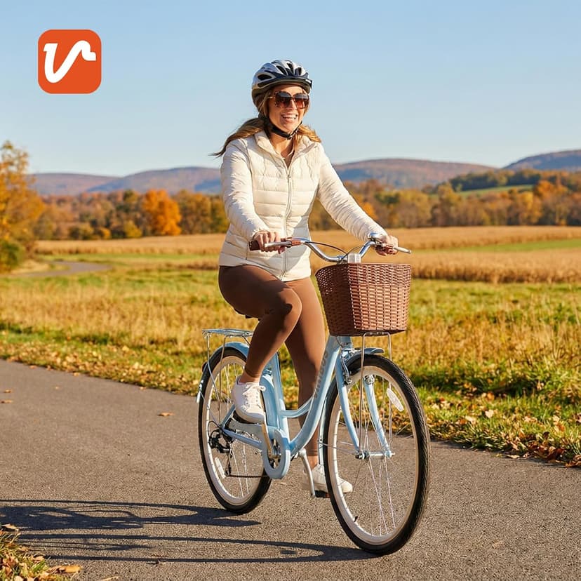 VIRIBUS Beach Cruiser Bike for Women, Single Speed Womens Bike with Basket & Rack 24 26 inch, Retro Step Through Cruiser Bicycle for Petite Short Women Female Ladies City Commuter, 330 lb.