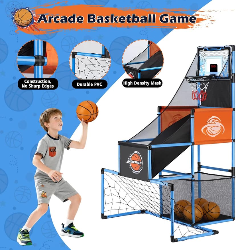 2 in 1 Basketball Arcade Game & Soccer Goal for Kids, Adjustable Kid Basketball Hoop with 6 Balls and Pump, Indoor Outdoor Games for Kid Toys for 3-12 Year Old Kids Birthday Gifts for Boys Girls