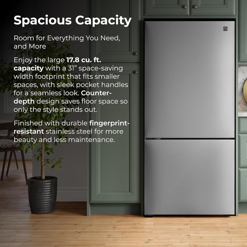 Kenmore 31" Bottom Freezer Refrigerator, Counter Depth - Ice Maker, Adjustable Shelving, Crisper Drawers, ENERGY STAR Certified, 17.8 cu. ft. Capacity, Fingerprint Resistant Stainless Steel