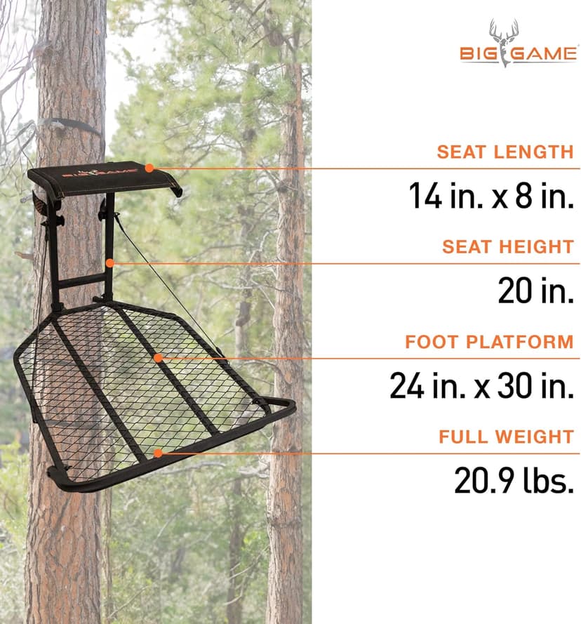 Big Game Captain XC Hang-On Treestand, Lightweight Steel Construction with 14 x 8 in. Flip-Back Flex-Tek Seat, 300 lbs Weight Rating