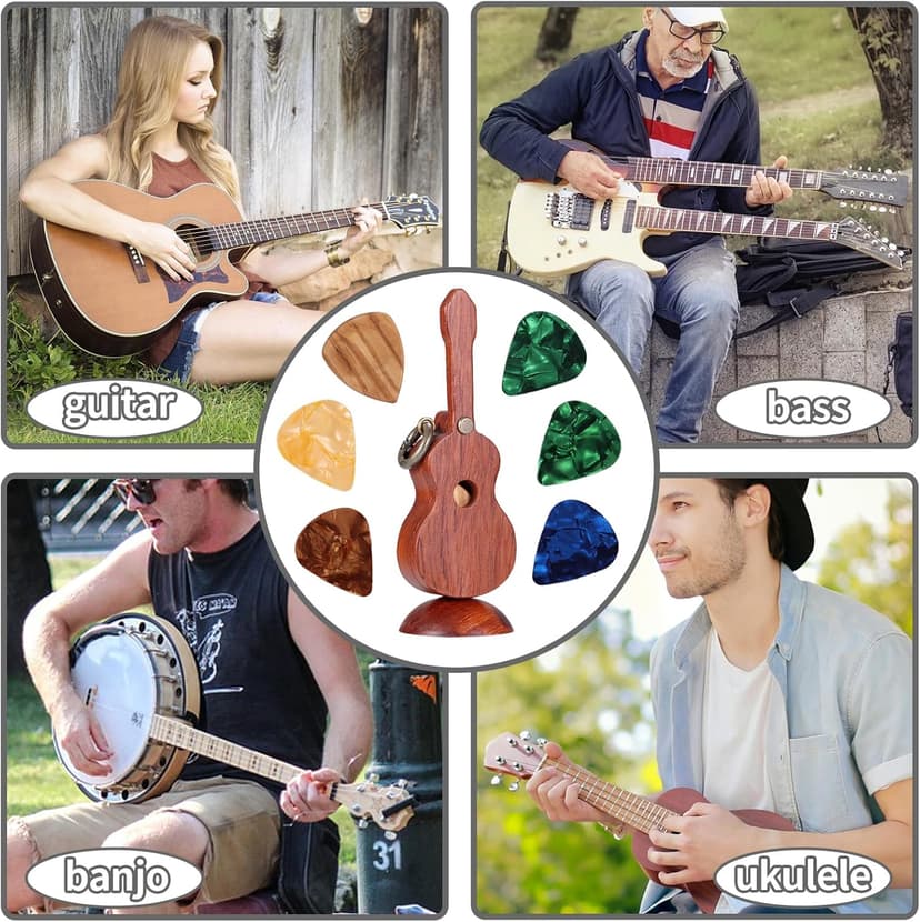 CustomGuitarPlectrumwithBox HomeWoodenDecorativeOrnamentGuitarMusicGiftCarMiniPendantGuitarAccessories Musician'sGuitarPlectrumGiftChristmasUniqueGift (Wood color (flower pear tree))