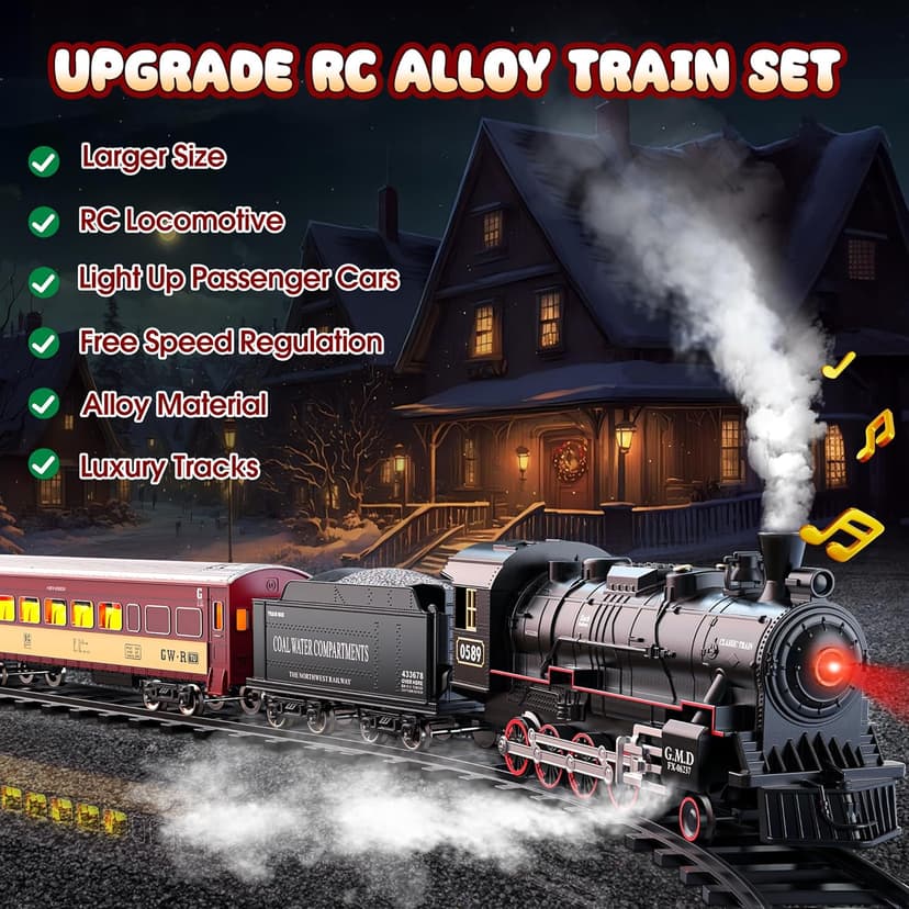 Hot Bee Train Set for Boys, Alloy Remote Control Train Sets with Steam Locomotive, Light Up Cars and Tracks, Electric Trains Set Toys for Toddler Kids, Christmas Toys Gifts for 3 4 5 6 7 8+ Year Old