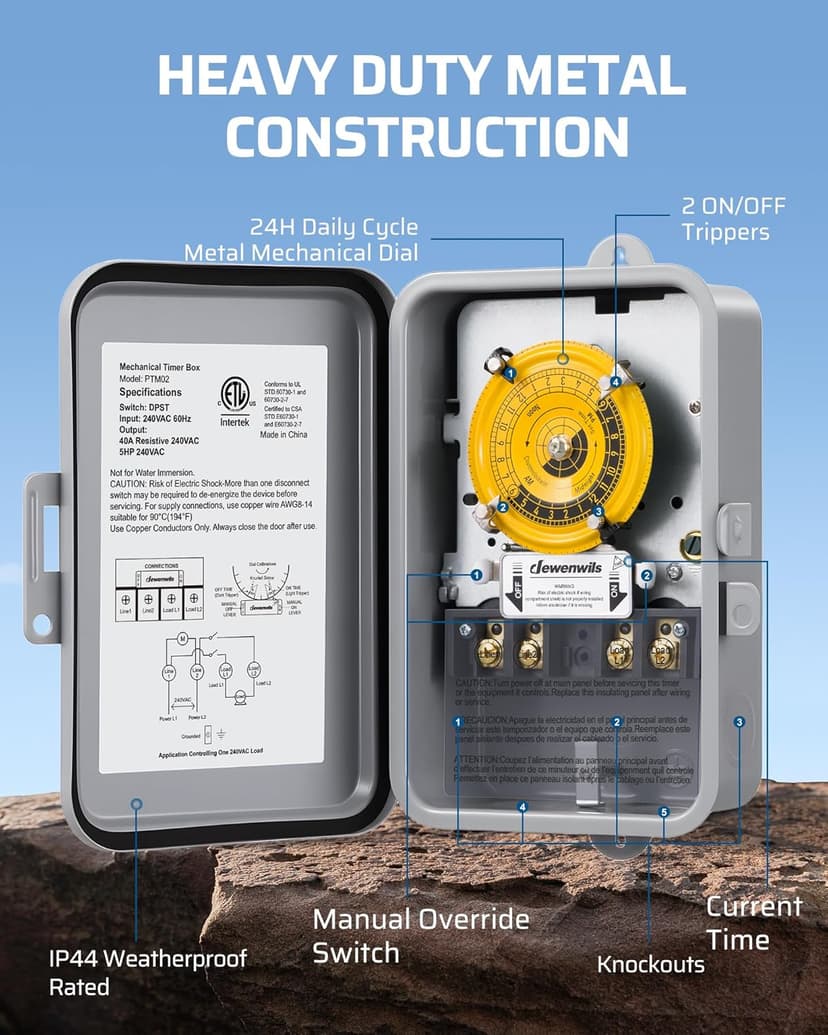 DEWENWILS 24-Hour Mechanical Timer Switch - 208-277VAC DPST, 5HP 40A, Metal Enclosure, Heavy Duty, Manual Override, Ideal for Pool Pump, Water Heater, Lights and Fans, Weatherproof, ETL Listed, Gray