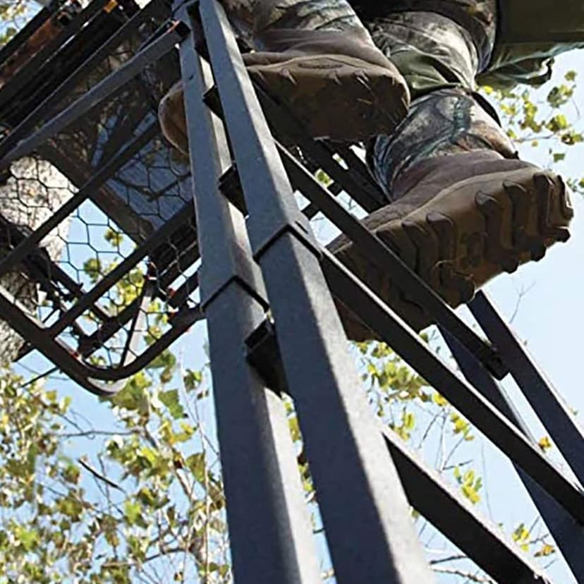 MUDDY 1-Person Huntsman Deluxe Steel Ladder Tree Stand, 17 ft Tall, 300 lb Capacity - Heavy-Duty Hunting Treestand with Lumbar Support Seat, Flip-Back Adjustable Shooting Rail & Silencer Technology