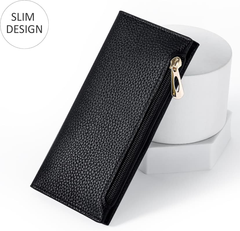 Tipmile Slim Wallet for Women, RFID Blocking Credit Card Holder, Ladies Bifold Wallet with Zipper, Black