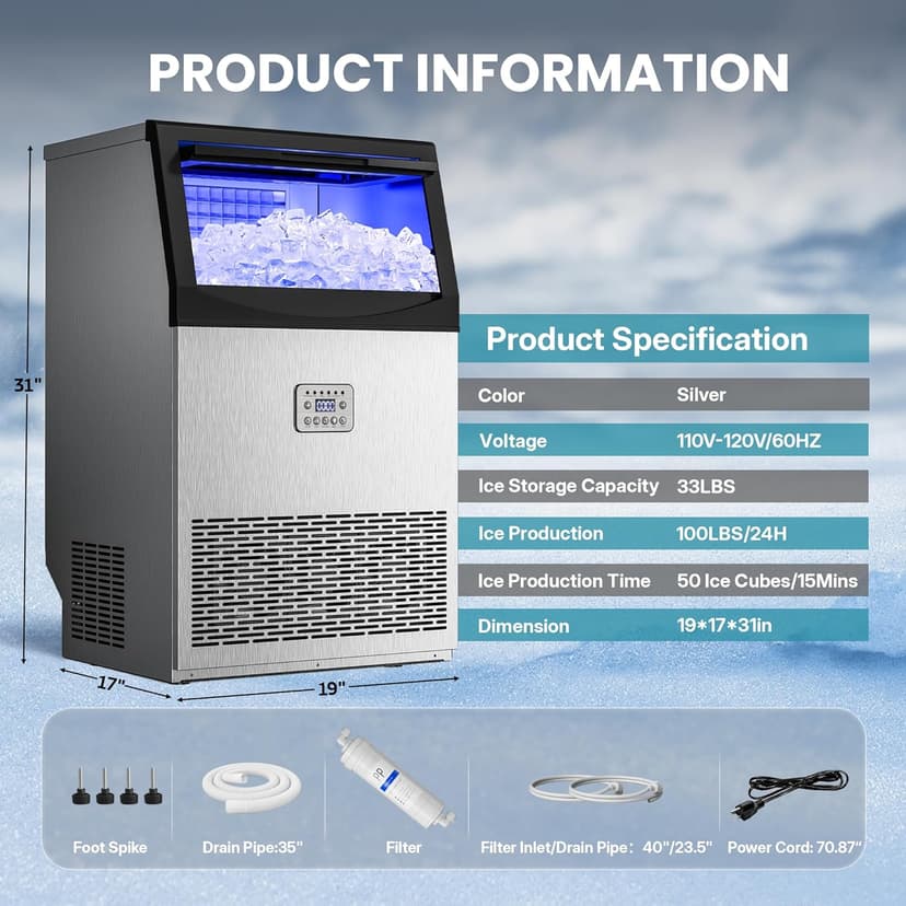 Manastin Commercial Ice Maker, 120lbs/24H Large Ice Machine, 33lbs Storage Capacity, 50 Ice Cubes/15 Mins, Under Counter Ice Maker with Water Filter, Self-Cleaning, Timer, for Home & Bar