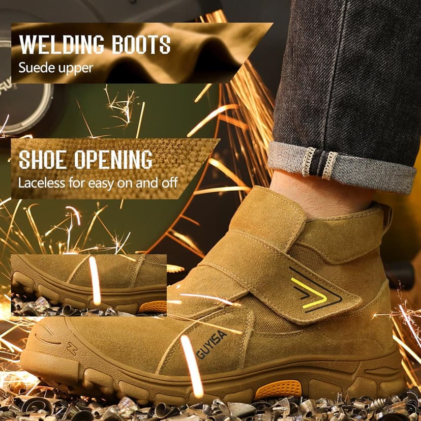 GLANOUDUN Steel Toe Boots for Men Slip on Work Boots for Men Comfortable Safety Boot Indestructible Construction Footwear Laceless Men's Steel Toe Shoes Mid Top Work Shoes