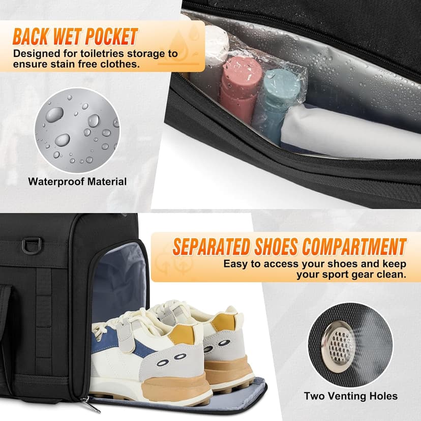 RAINSMORE Gym Bag for Men, 45L Large 3 in 1 Sports Duffle Bag with Shoes Compartment & Wet Pocket Water-Resistant Sports Travel Weekender Bag Multipurpose Carry On Overnight Tactical Backpack, Black