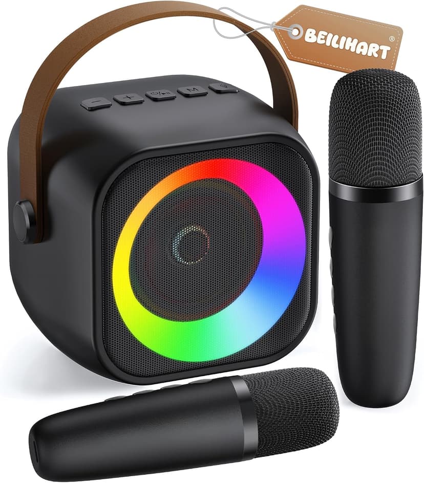 360° Surround Sound,5 Voice Effects,Bluetooth 5.0,LED Lights, TF/USB/AUX, For Kids and Adults, Family Home Party and Gifts Mini Karaoke Machine,Portable Bluetooth Speaker with 2 Wireless Microphones B0CNX6MMK3