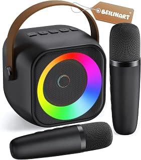 360° Surround Sound,5 Voice Effects,Bluetooth 5.0,LED Lights, TF/USB/AUX, For Kids and Adults, Family Home Party and Gifts Mini Karaoke Machine,Portable Bluetooth Speaker with 2 Wireless Microphones B0CNX6MMK3