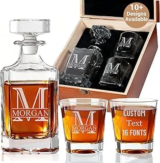 Personalized Whiskey Decanter, Custom Liquor Decanter 25oz, Engraved Whiskey Glass Set With Wood Gift Box Options, Whiskey Gifts for Men, Dad, Birthday, Retirement, Wedding (Square Decanter)
