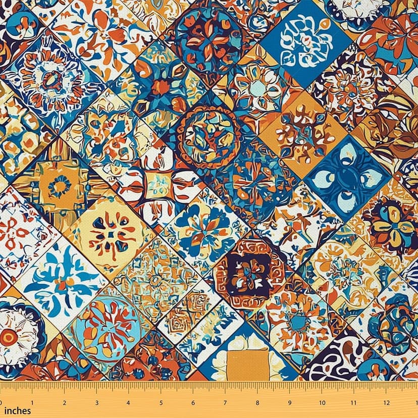 Bohemian Upholstery Fabric for Chairs, Boho Geometric Fabric By The Yard, Vintage Exotic Floral Decorative Fabric for Upholstery and DIY Projects, Plaid Pattern Fabric, Colorful, 1 Yard