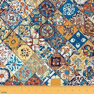 Bohemian Upholstery Fabric for Chairs, Boho Geometric Fabric By The Yard, Vintage Exotic Floral Decorative Fabric for Upholstery and DIY Projects, Plaid Pattern Fabric, Colorful, 1 Yard