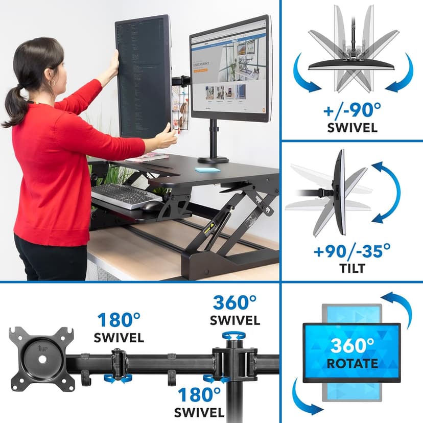 Mount-It! Standing Desk Converter Dual Monitor, 2 Screen Mounts Included, Height Adjustable Desk Riser in Black, Stand Up Desk Convertor Large 36" Wide, Sit Stand Convertor with Manual Lift Gas Spring