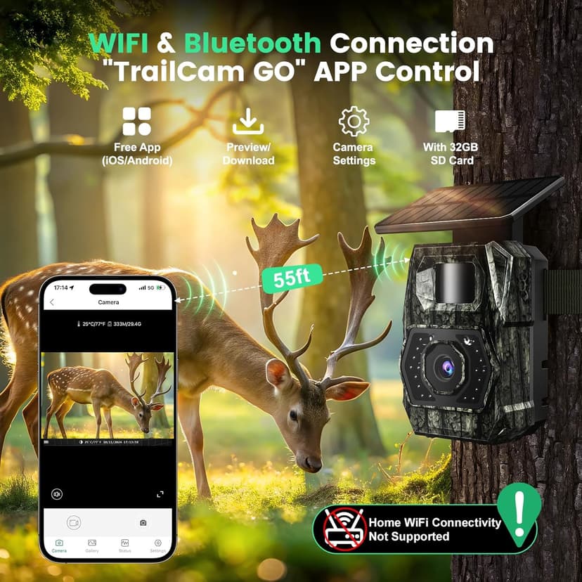 MAXDONE Solar Trail Camera WiFi Bluetooth - 48MP 30fps Game Camera with 5200mAh Rechargeable Battery, 0.1s Trigger Speed Motion Activated Trail Cam IP66 with 32GB TF Card for Wildlife Monitoring