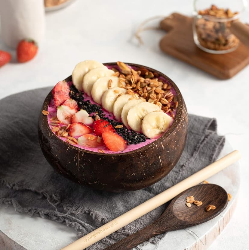 Jungle Culture 2 Polished Coconut Bowl & Wooden Spoons Set with Bamboo Straws • Natural Yoghurt & Smoothie Bowls Ideal for Ninja Creami • Healthy Coco Shell Buddha, Acai • Eco Friendly Vegan Gifts