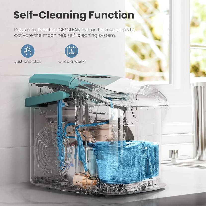 Portable Ice Maker Machine with Handle, 26lbs/24Hrs, 6Mins/9 Ice Cubes, Self-Cleaning with Basket/Scoop, Countertop Ice Makers for Home/Kitchen/Office(Green)