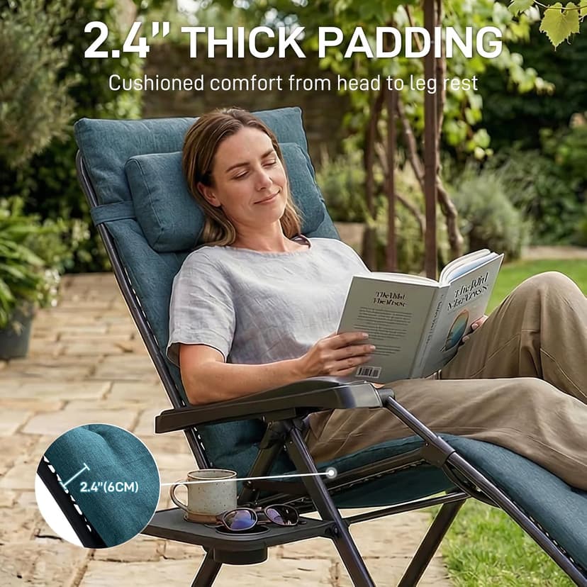 EVER ADVANCED Thick Padded Zero Gravity Chair, Oversized Reclining Lounge Chair with Adjustable Headrest & Cup Holder, Heavy Duty Support 350 lbs, Foldable for Camping, Lawn, Outdoor & Indoor, Green