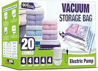HIBAG Vacuum Storage Bags with Electric Pump, Vacuum Seal Space Saver Bags for Clothes, Clothing, Pillows, Blanket Bedding Comforters, Combo 20 pack