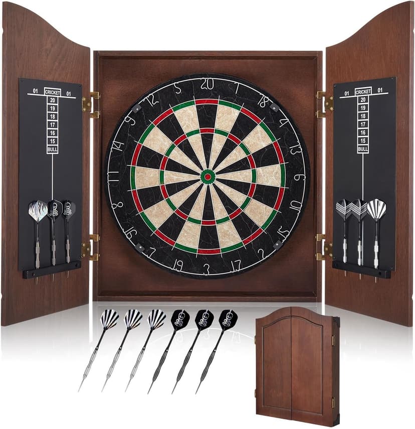 Yirinatek Sisal Dart Board Cabinet Sets, Decorative Dart Boards for Adults [6*Steel Darts] - Wooden Dartboard Cabinet with Integrated Scoreboard for Family Game Rooms