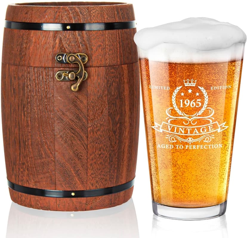 LIGHTEN LIFE 60th Birthday Gifts for Men 16oz,1965 Beer Glass in Barrel Box,60th Birthday Beer Glass,1965 Pint for 60 Years Old Dad,Husband