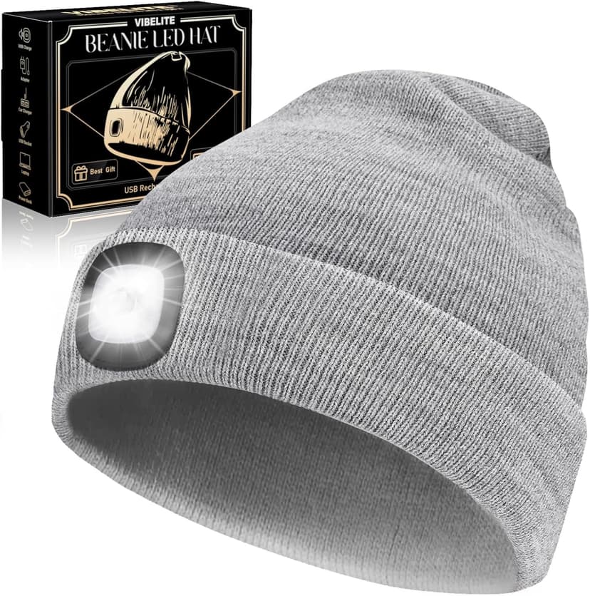 VIBELITE LED Beanie Hat with Light, USB Rechargeable LED Headlamp, Christmas Gifts for Men, Stocking Stuffers for Teen Boys, Dad, Husband, Father, Grey