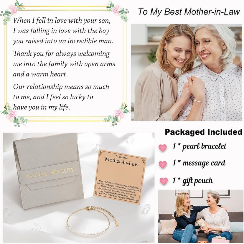 Birthday Christmas Mothers Day Wedding Day, Lobster Clasp, 6.5" + 2" Tarsus Artificial Pearl Bracelet, Gifts for Mom/Mother-in-Law/Bonus Mom B0CHDX2TSR