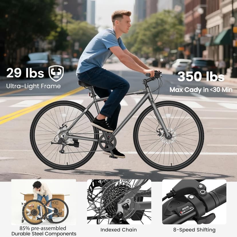 MOONCOOL Hybrid Bike for Men, 700C Aluminum 29LBS Ultra-Light 8-Speed Commuter Bike, 350lb Capacity, 29" Adult Urban Bicycle, Dual Disc Brakes, for Tall Men&Women, 85% Pre-Assembled