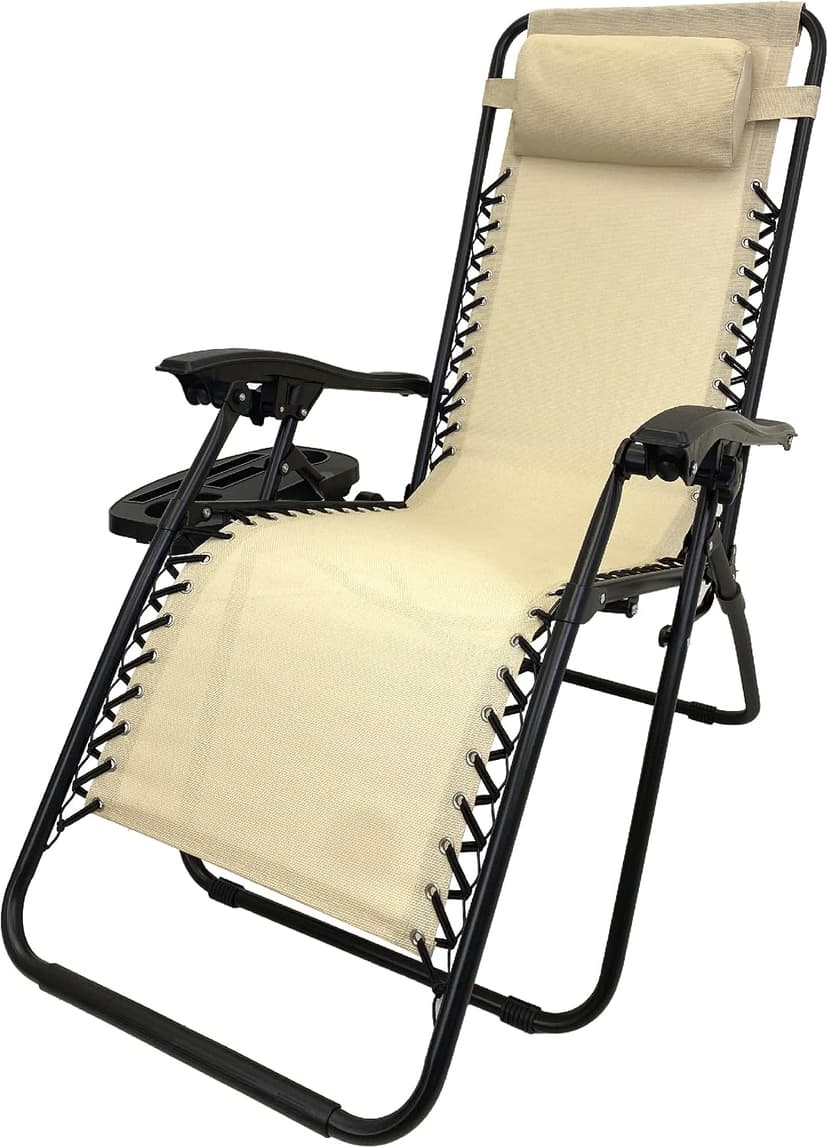 EasyGo Product Zero Gravity Lawn Lounge Pillow and Cup Holder Furniture Outdoor Adjustable Dining Reclining Folding Chairs for Deck Patio Beach Yard, 2 Pack TAN